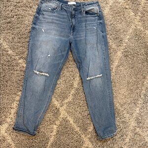 Relaxed Boyfriend Jeans in Mid Blue with Distressed Knees